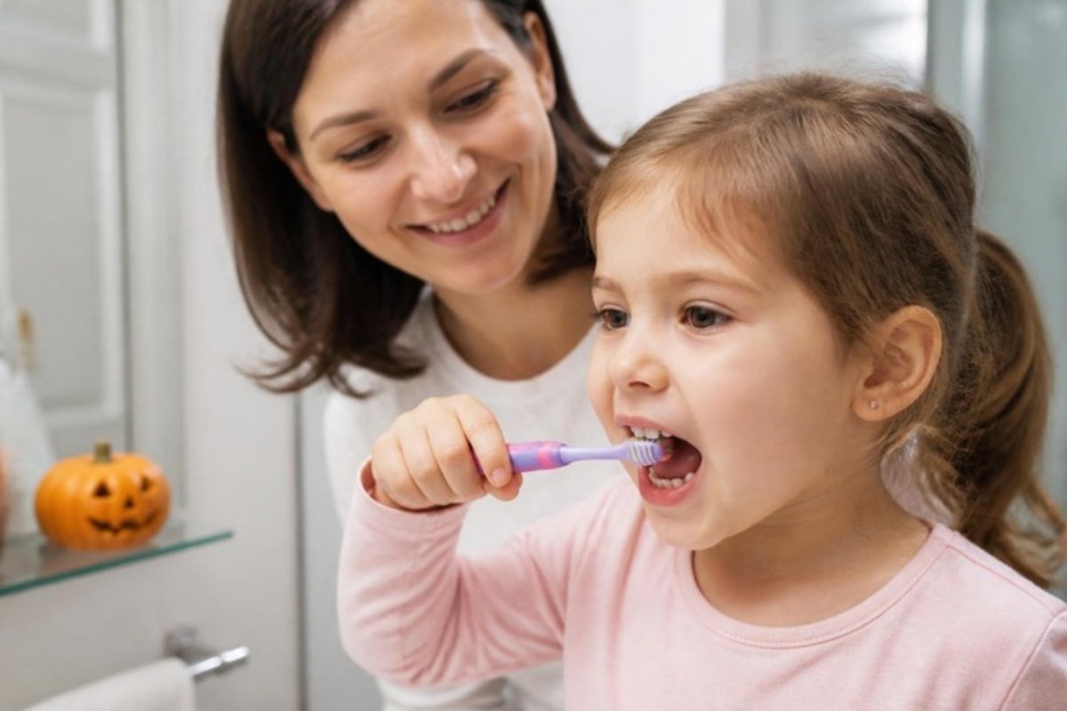 Higiene dental infantil después de Halloween Higiene dental infantil después de Halloween: niña cepillándose con pasta con flúor - Soludent Alfaz del Pi